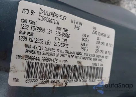 2006 Dodge Grand Caravan Sxt z USA, uszkodzony, nr VIN 2D4GP44L76R804478